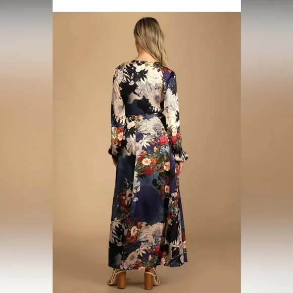 Lulus Put on a Smile Blue Floral Print Satin Wrap Maxi Dress - Picture 6 of 6